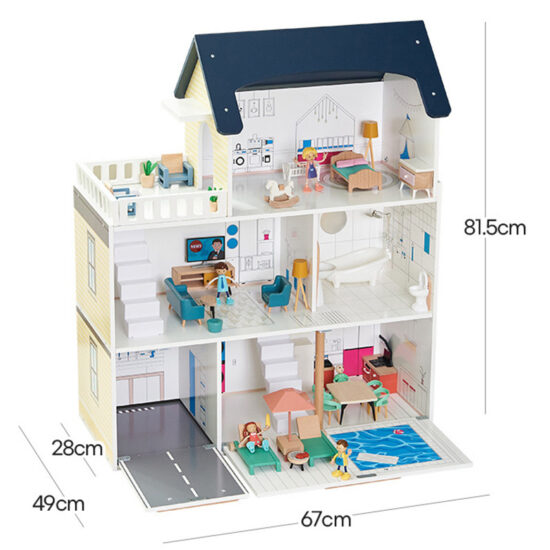 Large wooden princess dollhouse toy with multi-room layout