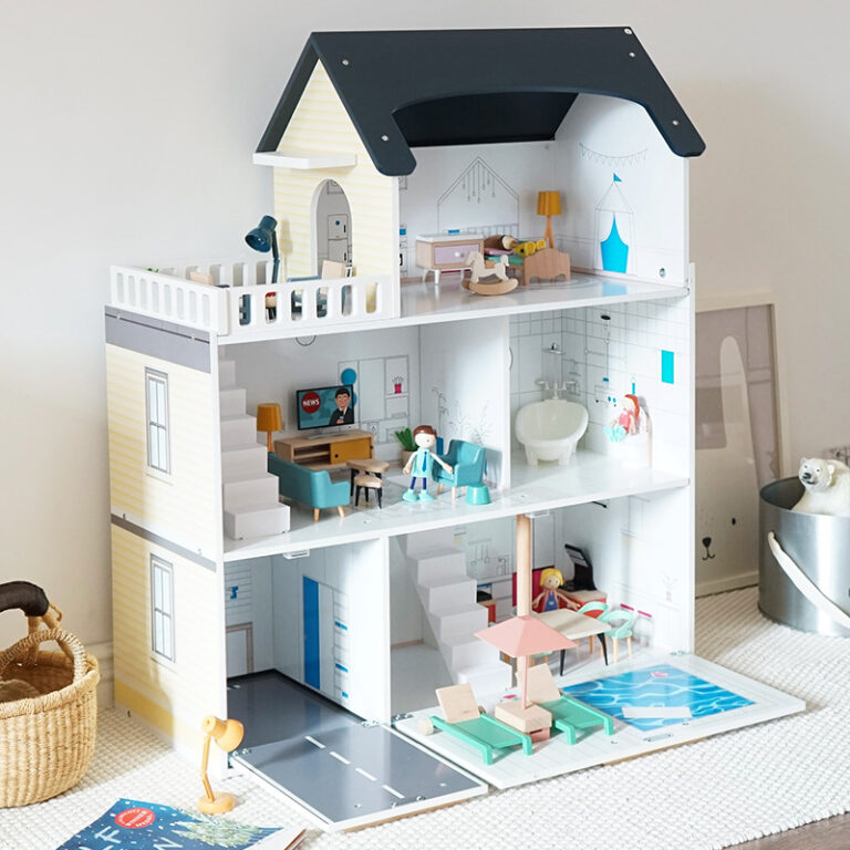 Large wooden princess dollhouse toy with multi-room layout