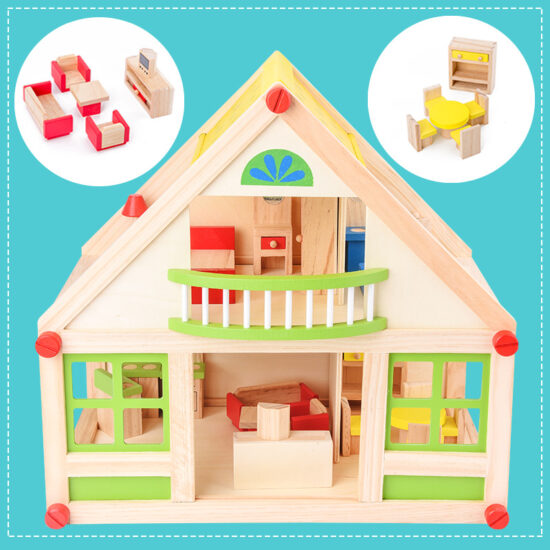 Wooden dollhouse with princess theme for kids pretend play