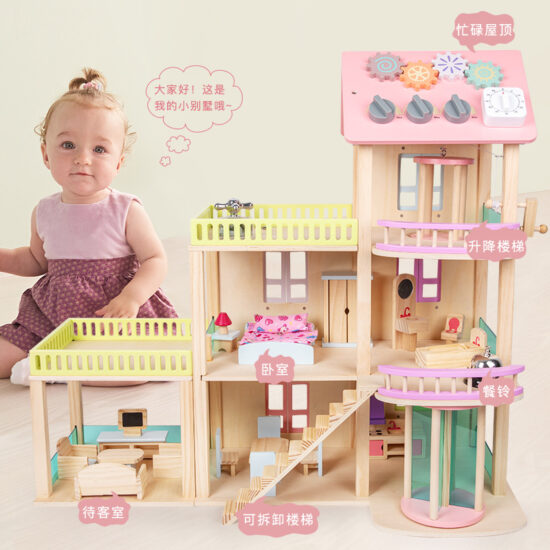 Wooden Dollhouse Villa with Busy Board Features