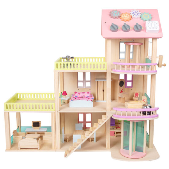 Wooden Dollhouse Villa with Busy Board Features