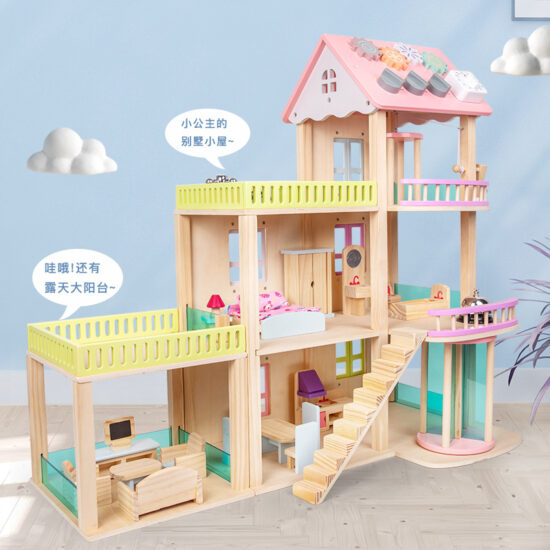 Wooden Dollhouse Villa with Busy Board Features