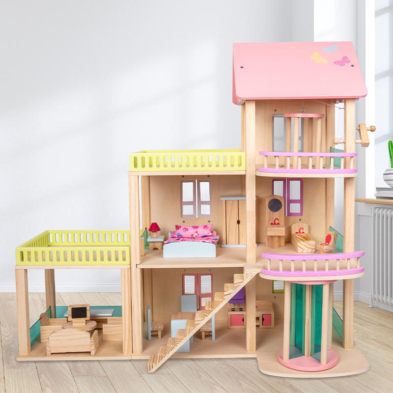 Wooden Dollhouse Villa with Busy Board Features