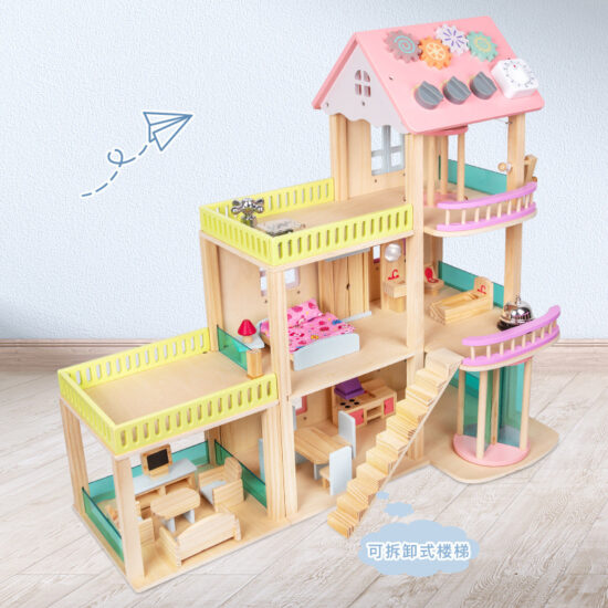 Wooden Dollhouse Villa with Busy Board Features