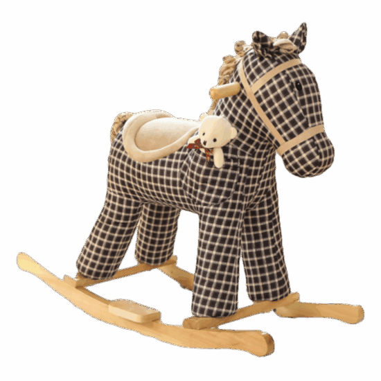 Plush rocking animal toy with wooden base and music
