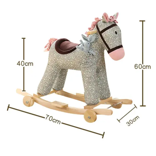 Plush rocking animal toy with wooden base and music