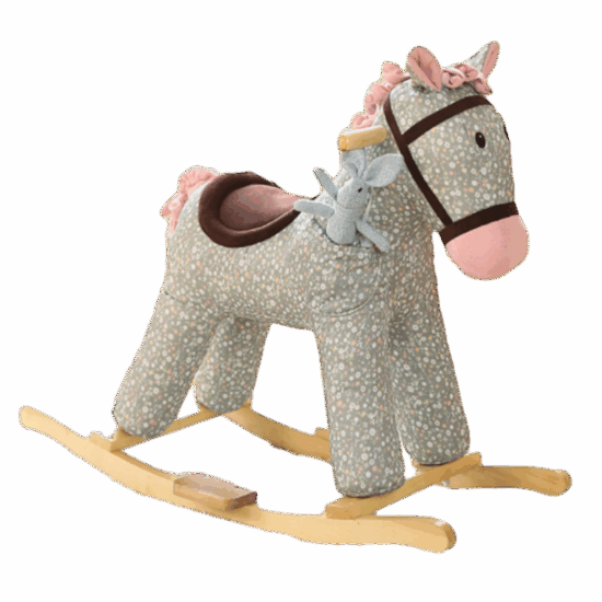 Plush rocking animal toy with wooden base and music