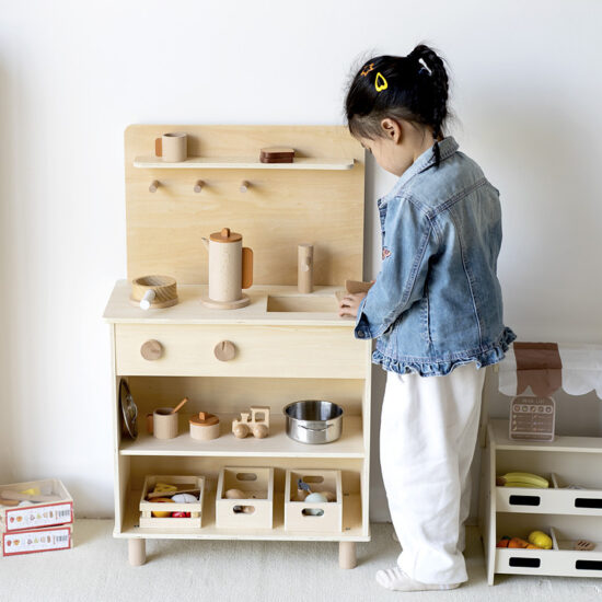 Wooden Pretend Kitchen Play Set for Kids in Natural Finish