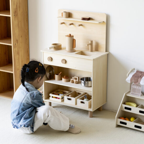 Wooden Pretend Kitchen Play Set for Kids in Natural Finish