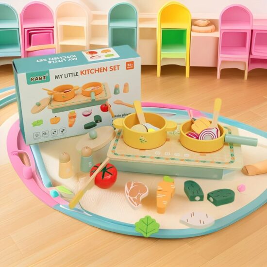 Wooden kitchen playset with cake cutting toy for girls