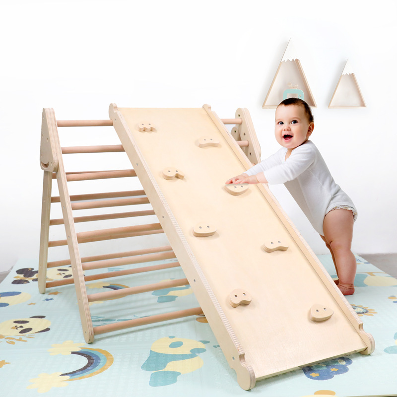 Wooden Triangle Climber with Slide for Indoor Toddlers