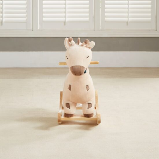 Plush giraffe rocking horse toy with wooden base