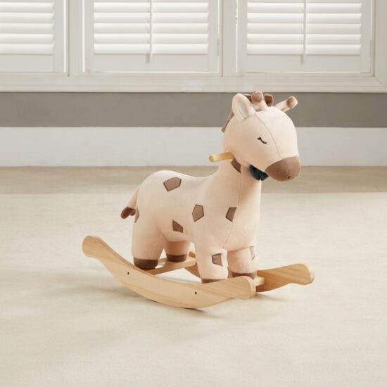 Plush giraffe rocking horse toy with wooden base