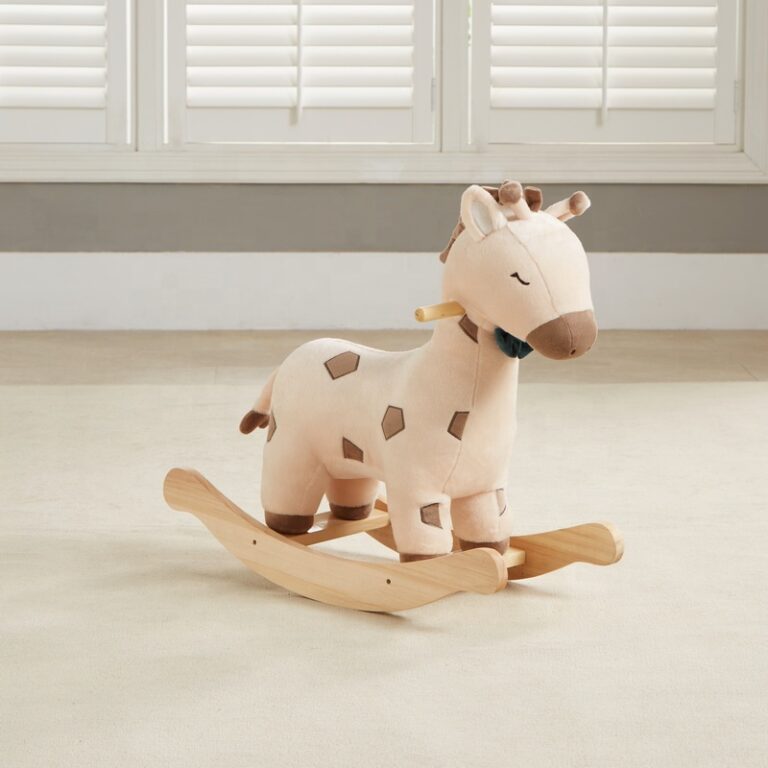 Plush giraffe rocking horse toy with wooden base