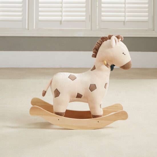 Plush giraffe rocking horse toy with wooden base