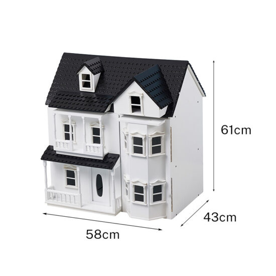 Wooden castle-style dollhouse toy set with furniture