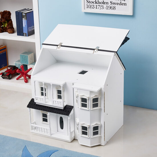 Wooden castle-style dollhouse toy set with furniture