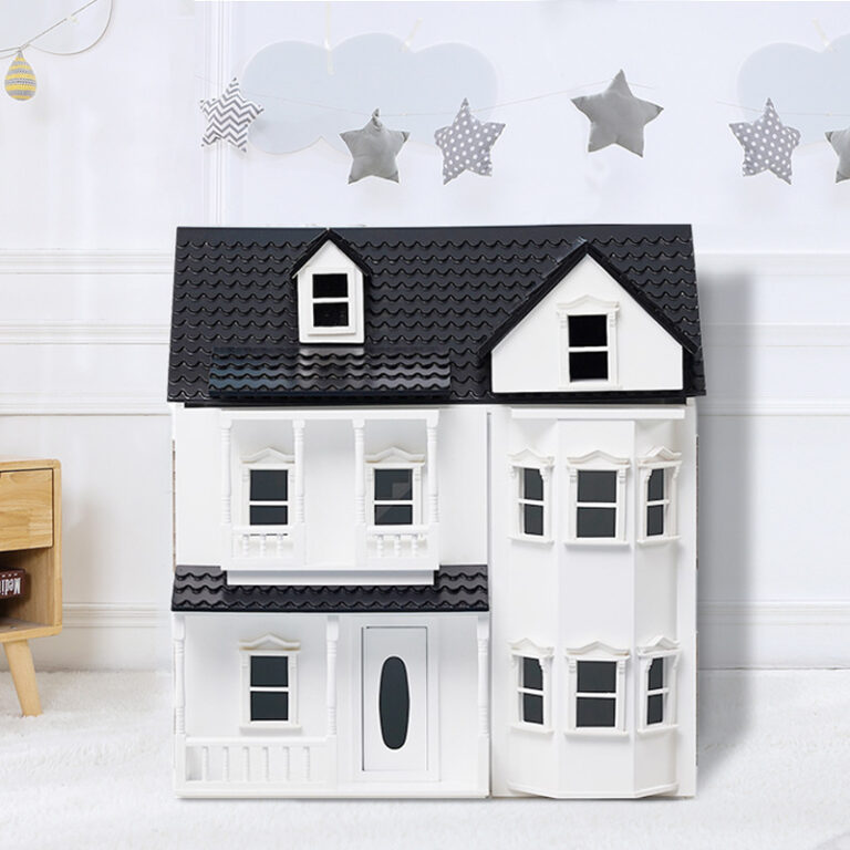 Wooden castle-style dollhouse toy set with furniture