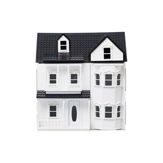 Wooden castle-style dollhouse toy set with furniture