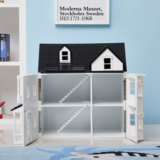 Wooden castle-style dollhouse toy set with furniture