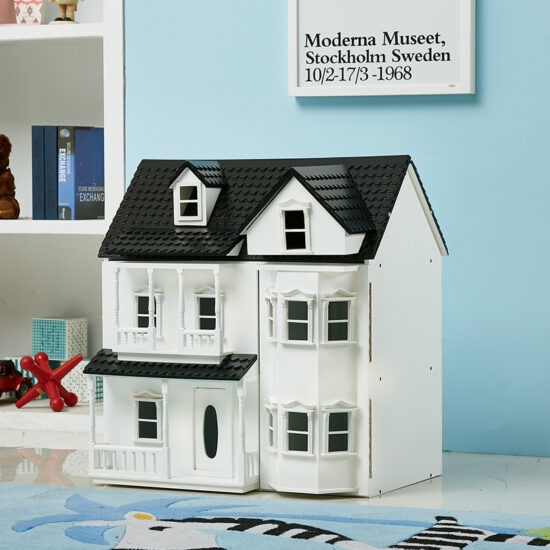 Wooden castle-style dollhouse toy set with furniture