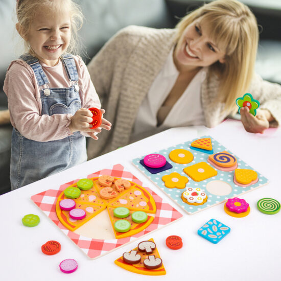 Wooden pretend kitchen toy set with pizza and cookies