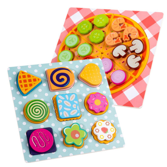 Wooden pretend kitchen toy set with pizza and cookies