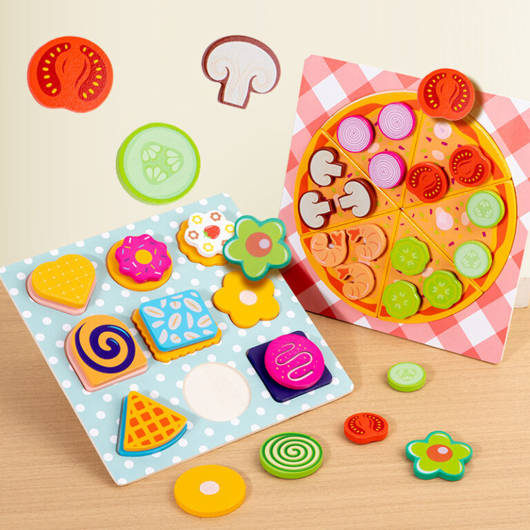 Wooden pretend kitchen toy set with pizza and cookies