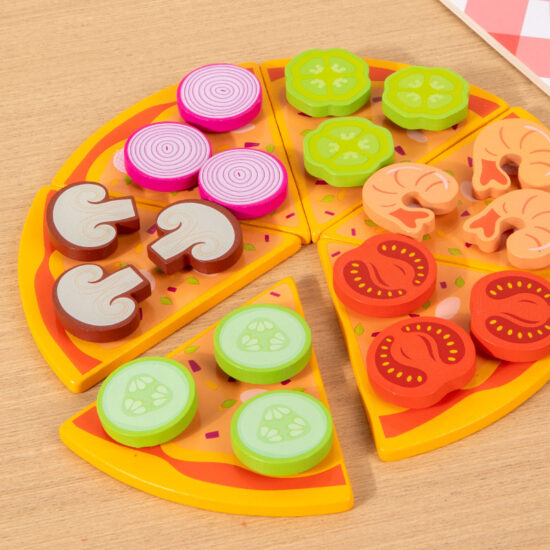 Wooden pretend kitchen toy set with pizza and cookies
