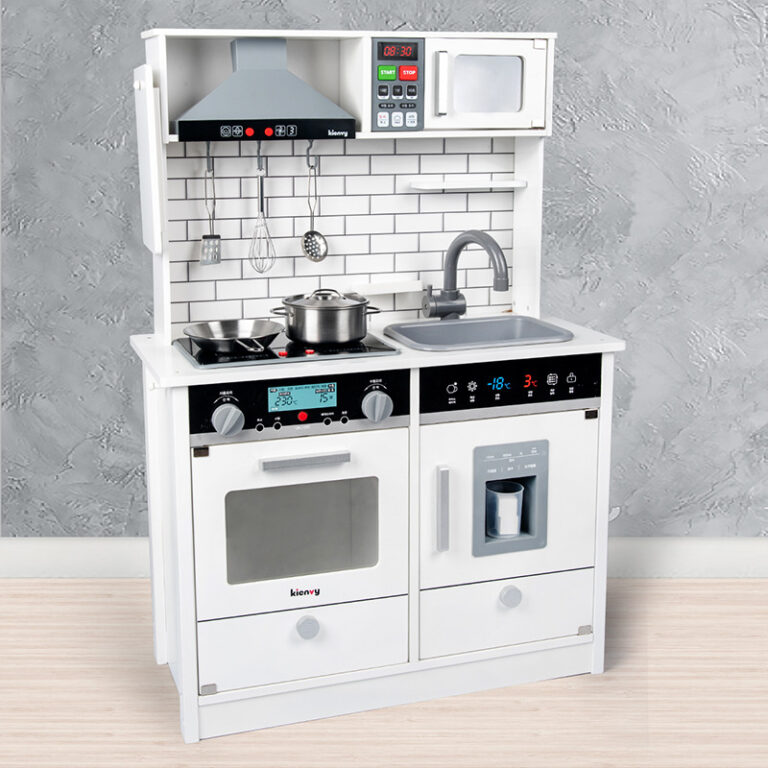 Wooden pretend kitchen with fridge for kids cooking play