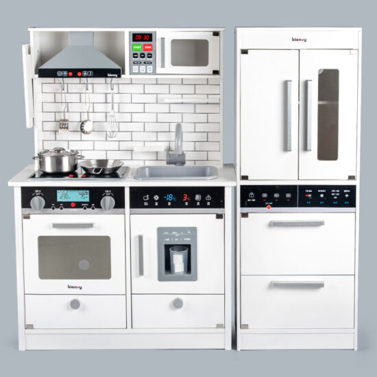 Wooden pretend kitchen with fridge for kids cooking play