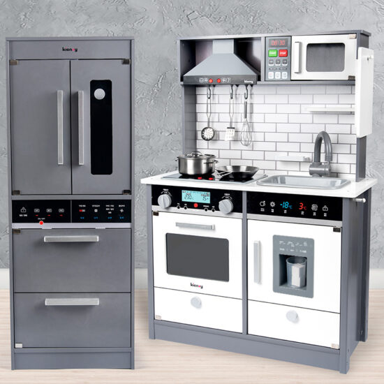 Wooden pretend kitchen with fridge for kids cooking play