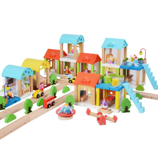 Wooden dollhouse villa playset with track for kids