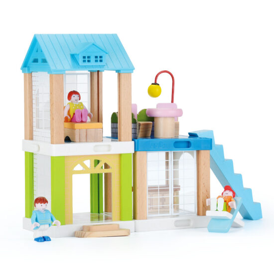 Wooden dollhouse villa playset with track for kids