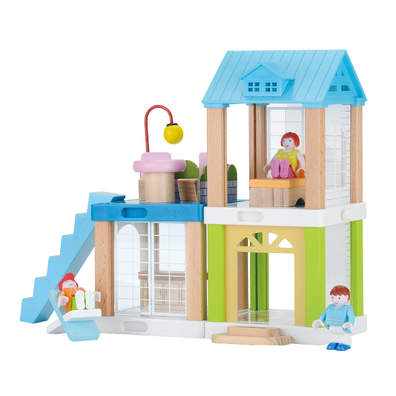 Wooden dollhouse villa playset with track for kids