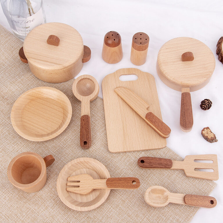Natural wood kids kitchen playset with cutting fruits and utensils