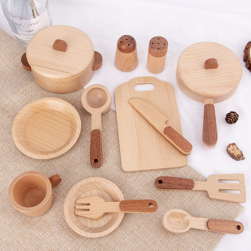 Natural wood kids kitchen playset with cutting fruits and utensils