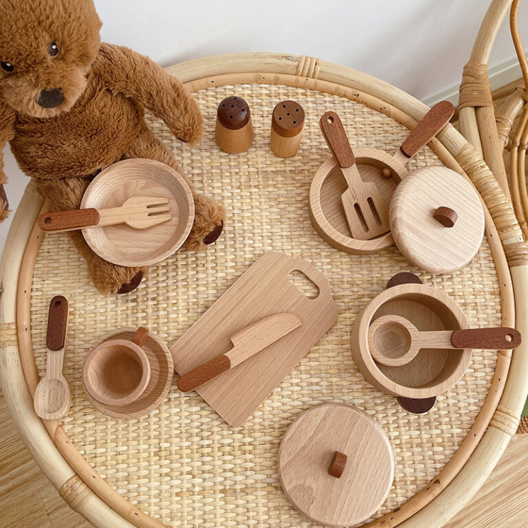 Natural wood kids kitchen playset with cutting fruits and utensils