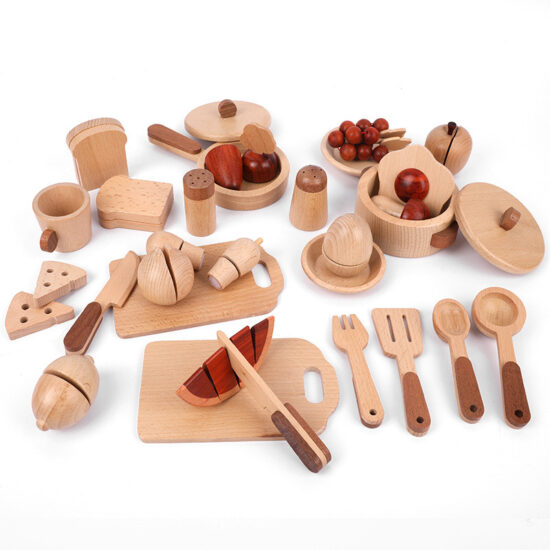 Natural wood kids kitchen playset with cutting fruits and utensils