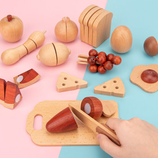 Natural wood kids kitchen playset with cutting fruits and utensils