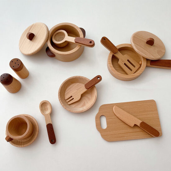 Natural wood kids kitchen playset with cutting fruits and utensils