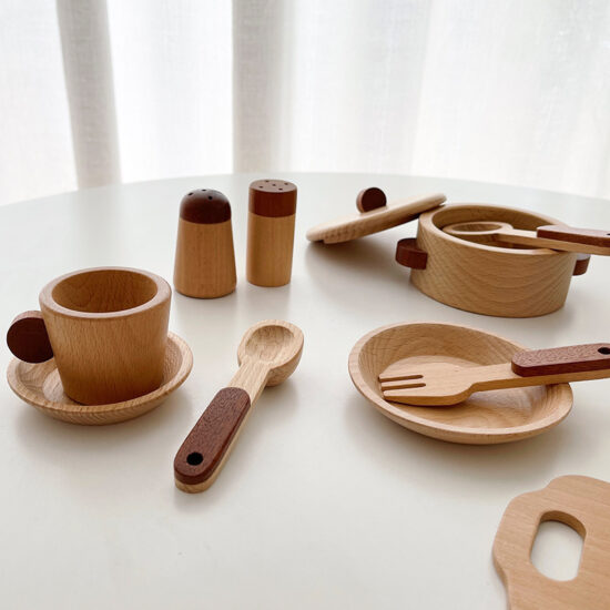 Natural wood kids kitchen playset with cutting fruits and utensils